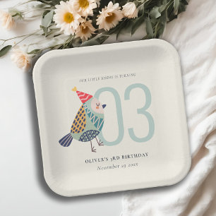 Plato De Papel Cute Boho Aqua Blue Birdie Cualquier cumpleaños de