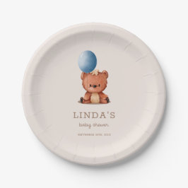 Plato De Papel Cute Boho Bear Blue Balloon Baby Shower