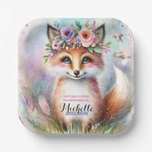 Plato De Papel Cute Boho Watercolor Woodland Fox Birday Party