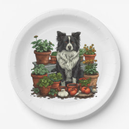 Plato De Papel Cute Border Collie Gardening