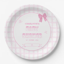 Cute Bow Pastel Rosa Gingham Baby Shower