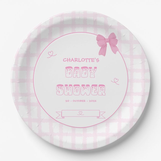 Plato De Papel Cute Bow Pastel Rosa Gingham Baby Shower (Anverso)
