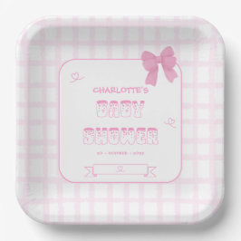 Plato De Papel Cute Bow Pastel Rosa Gingham Baby Shower Square