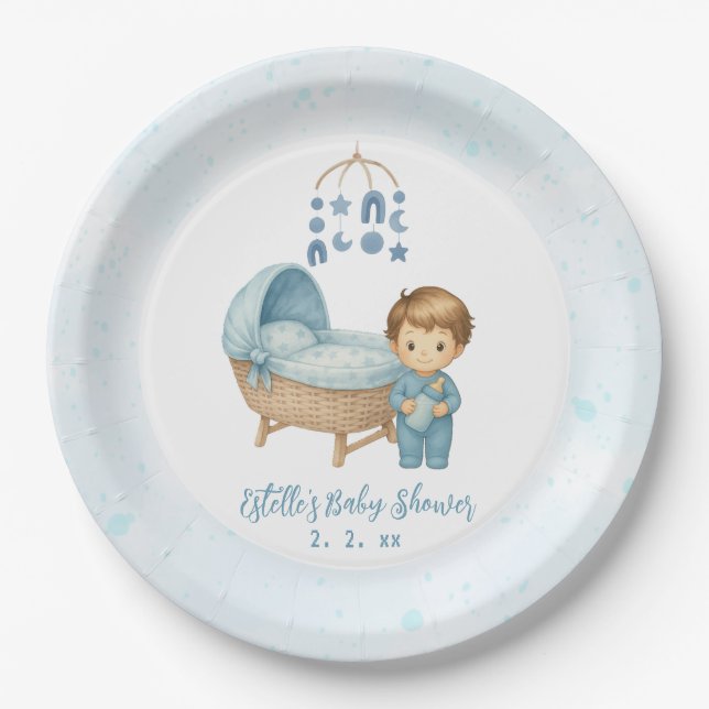 Plato De Papel Cute Boy Blue Nursery Baby Shower (Anverso)