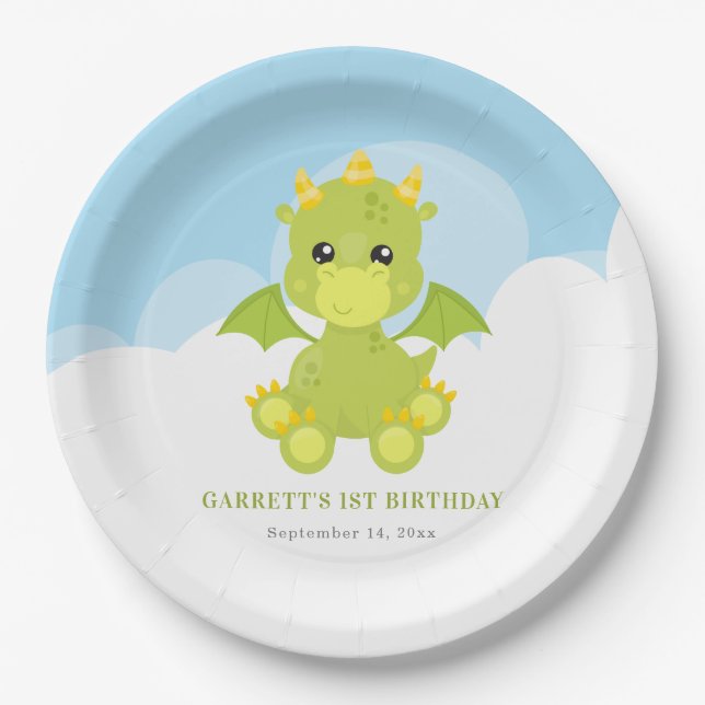 Plato De Papel Cute Boy Dragon 1er cumpleaños (Anverso)