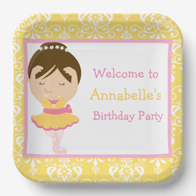 Plato De Papel Cute Brunette Ballerina Birthday Party (Anverso)