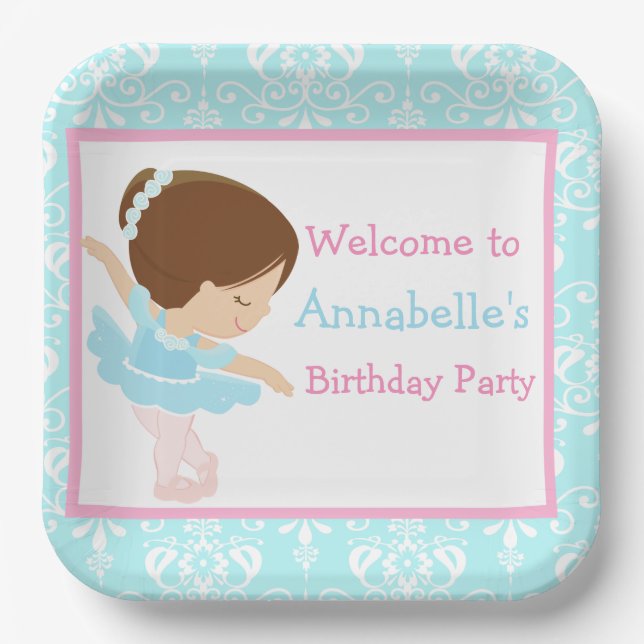 Plato De Papel Cute Brunette Ballerina Birthday Party (Anverso)