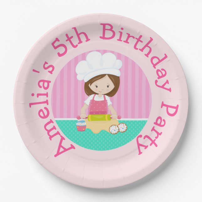 Plato De Papel Cute Brunette Chica Hair Baking Birday Party (Anverso)