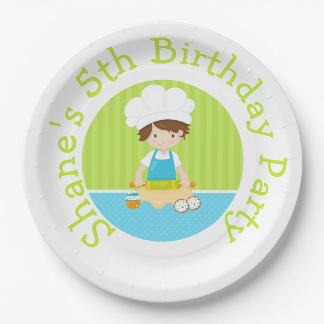 Plato De Papel Cute Brunette Hair Boy Baking Birday Party (Anverso)
