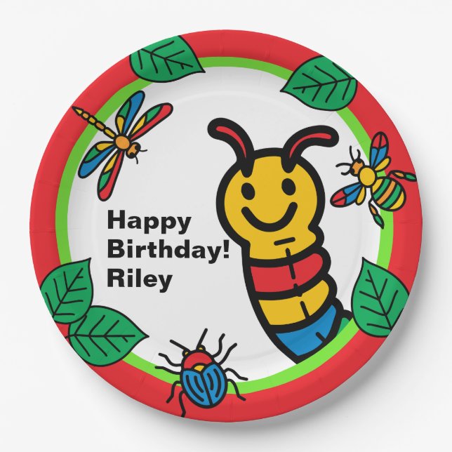 Plato De Papel Cute Bug e Insect Kids Cumpleaños (Anverso)