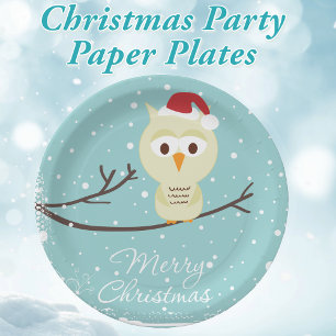 Plato De Papel Cute búho de Santa Owl Feliz Navidad Azul