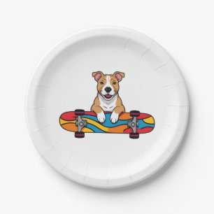 Plato De Papel Cute Bull Terrier en una Skateboard
