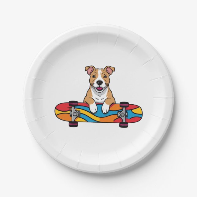 Plato De Papel Cute Bull Terrier en una Skateboard (Anverso)