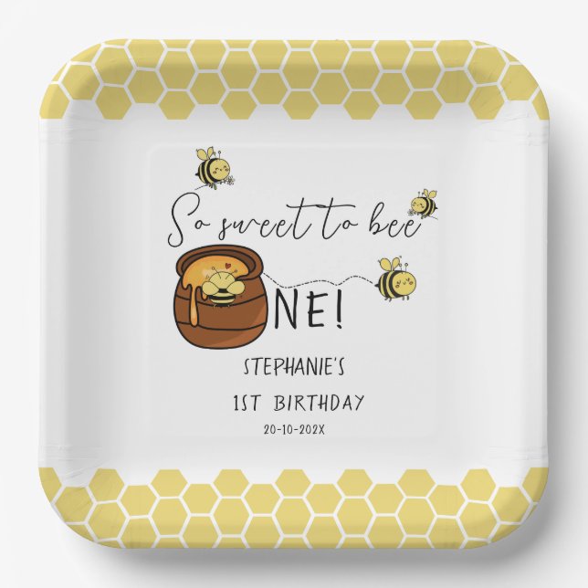 Plato De Papel Cute Bumblebee Tan Dulce Para Ser Un Primer Cumple (Anverso)