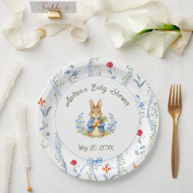 Plato De Papel Cute Bunny Boy Floral Blue Bow Baby Shower  (Boda)