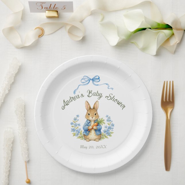 Plato De Papel Cute Bunny Boy Floral Blue Bow Baby Shower  (Boda)