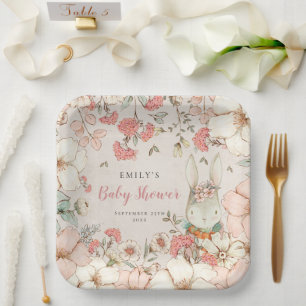 Plato De Papel Cute Bunny Floral Foliage Baby Shower