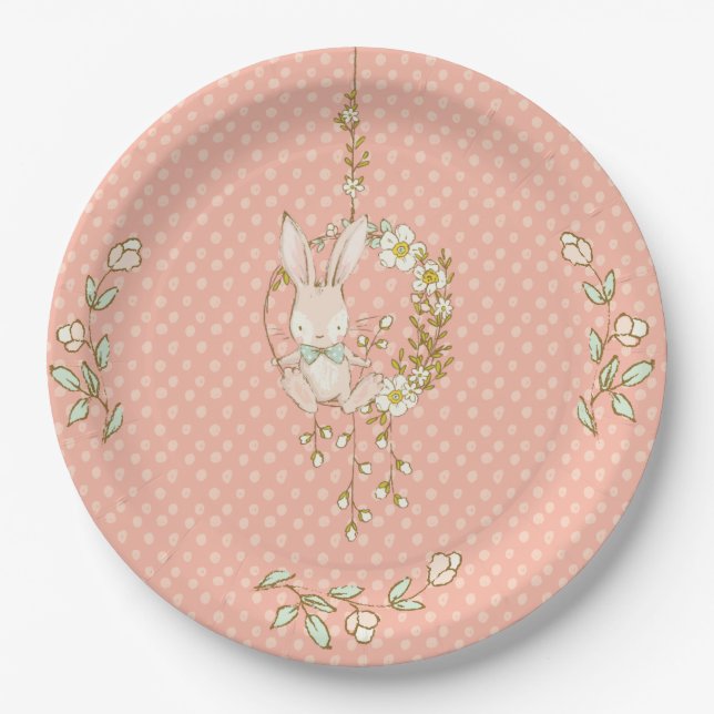 Plato De Papel Cute Bunny Pink Polka Dot Baby Shower (Anverso)