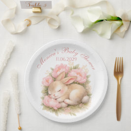 Plato De Papel Cute Bunny Rabbit Pink Blush Peony Baby Shower
