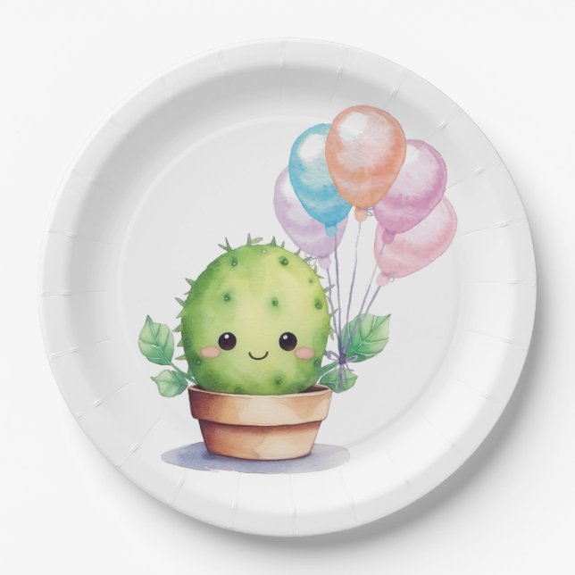 Plato De Papel Cute Cactus con globos de cumpleaños (Anverso)