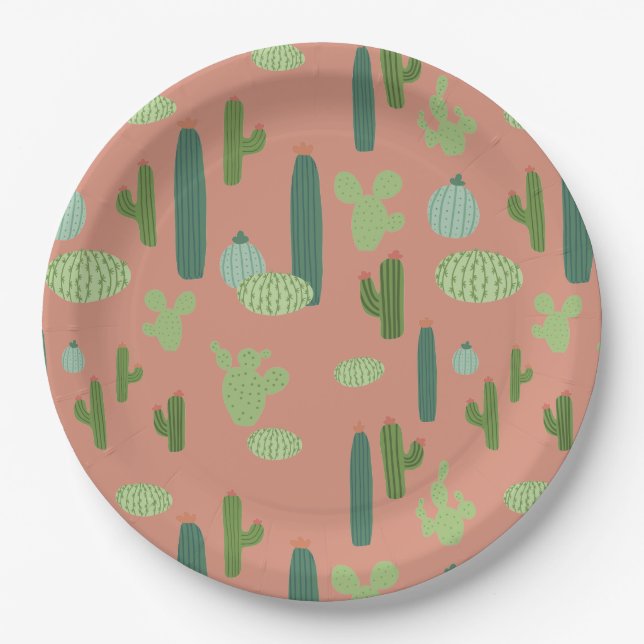 Plato De Papel Cute Cactus Peach y Green (Anverso)