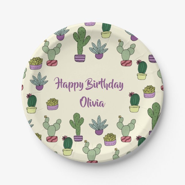 Plato De Papel Cute Cactus Suculentas Plantas Potadas Feliz Cumpl (Anverso)