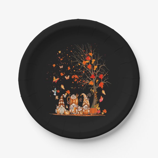 Plato De Papel Cute Calabaza Gnomes Árbol Otoño Hojas Caídas (Anverso)