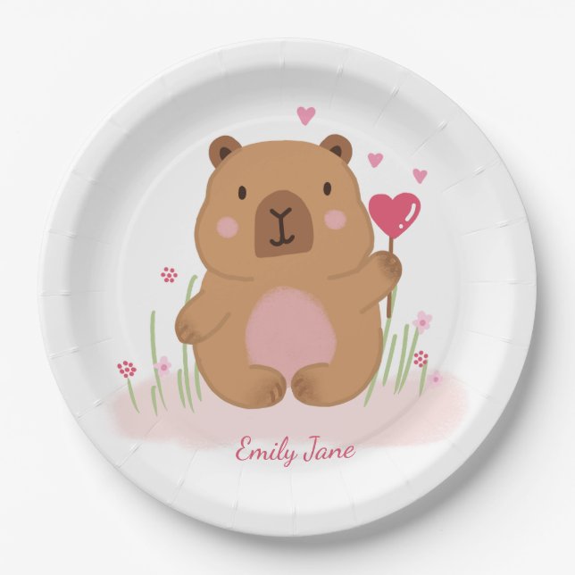 Plato De Papel Cute Capybara Personalized Pink Baby Shower  (Anverso)