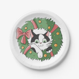 Plato De Papel Cute Cartoon Cat in Christmas Wreath
