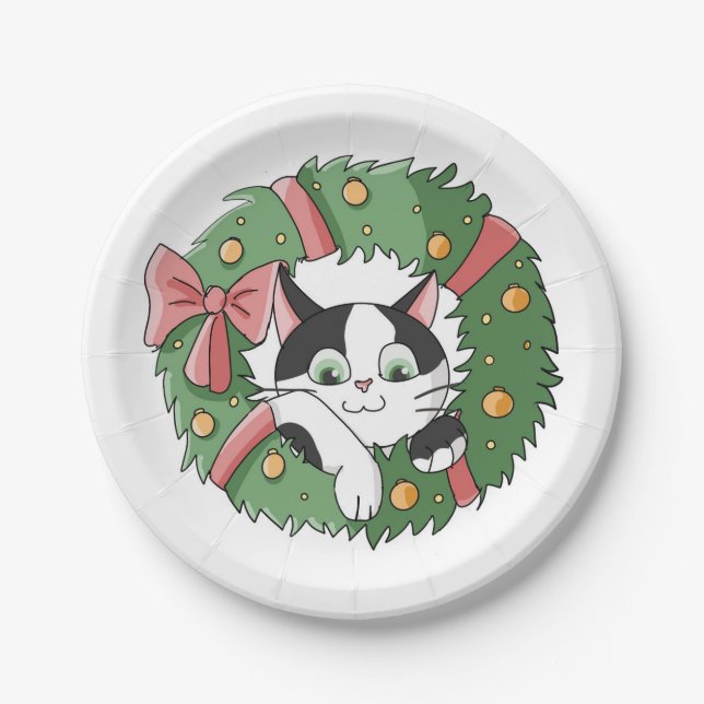 Plato De Papel Cute Cartoon Cat in Christmas Wreath (Anverso)