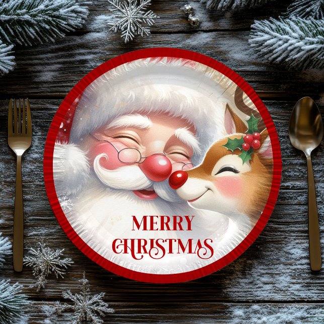Plato De Papel Cute Cartoon Christmas Plates Santa and Rudolph (Cute Cartoon Christmas Plates Santa and Rudolph)