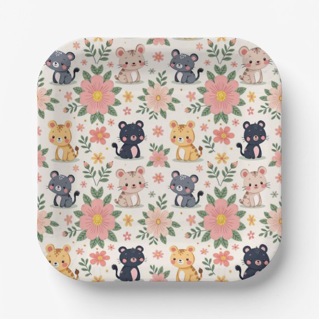 Plato De Papel Cute Cartoon Jungle Cats and Flowers (Anverso)
