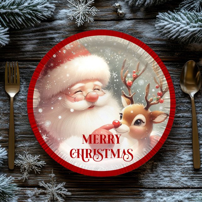 Plato De Papel Cute Cartoon Santa Rudolph Christmas Party Plates (Cute Cartoon Santa Rudolph Christmas Party Plates)