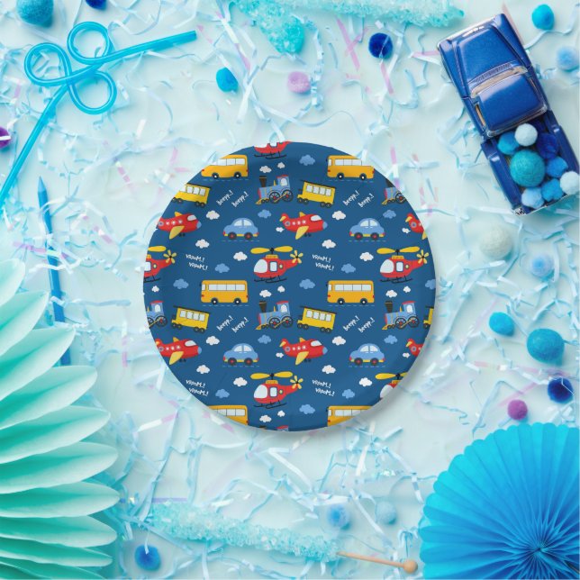 Plato De Papel Cute Cartoon Vehicles Pattern  (Fiesta)