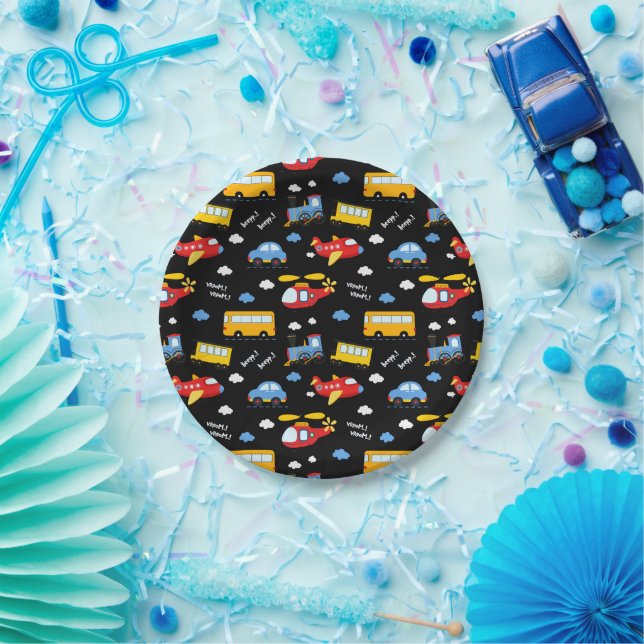 Plato De Papel Cute Cartoon Vehicles Pattern  (Fiesta)