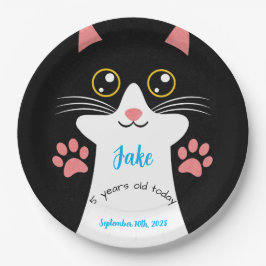 Plato De Papel Cute Cat Birthday Party Plates. Texto editable.