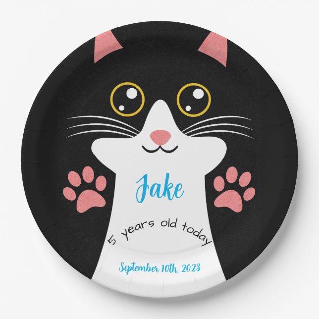 Plato De Papel Cute Cat Birthday Party Plates. Texto editable. (Anverso)