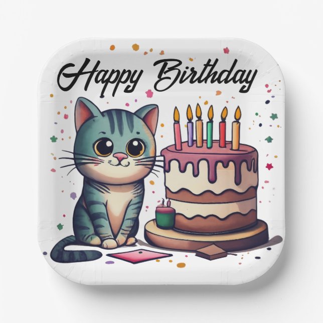 Plato De Papel Cute Cat Happy Birday (Anverso)