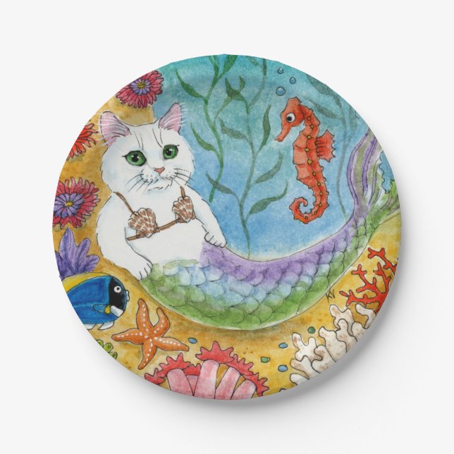 Plato De Papel Cute Cat Mermaid Beach Paper Plate (Anverso)
