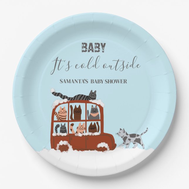Plato De Papel Cute Cats Winter Cold Baby Shower (Anverso)