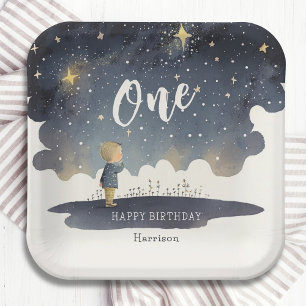 Plato De Papel Cute Celestial Birthday Stars Watercolor Boy