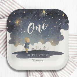 Plato De Papel Cute Celestial Birthday Stars Watercolor Boy
