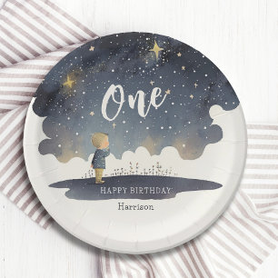 Plato De Papel Cute Celestial Birthday Stars Watercolor Boy