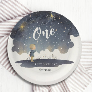 Plato De Papel Cute Celestial Birthday Stars Watercolor Boy