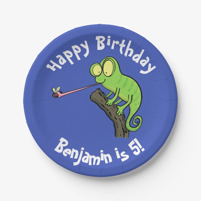 Plato De Papel Cute chameleon atrapando a un personalizado de fal (Anverso)