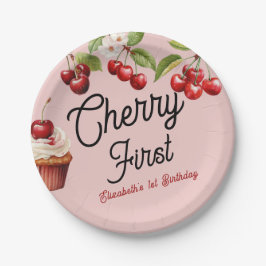 Plato De Papel Cute Cherry First Girly Cumpleaños Rosa