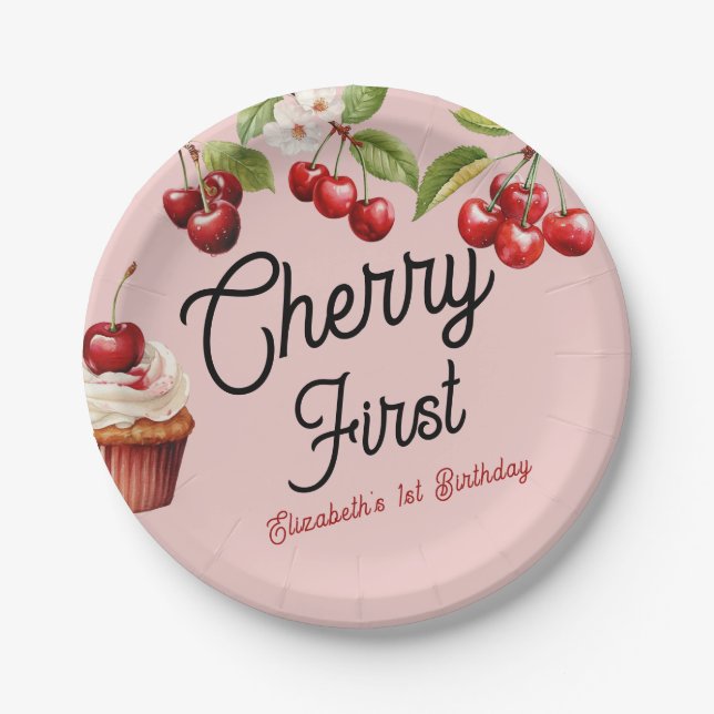 Plato De Papel Cute Cherry First Girly Cumpleaños Rosa (Anverso)
