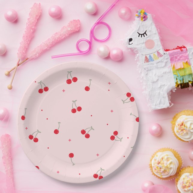Plato De Papel Cute Cherry Pattern | Pink Aesthetic Seamless  (Fiesta)