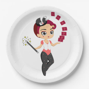 Plato De Papel Cute Chibi Maga Femenina Realizando Magia de Carta