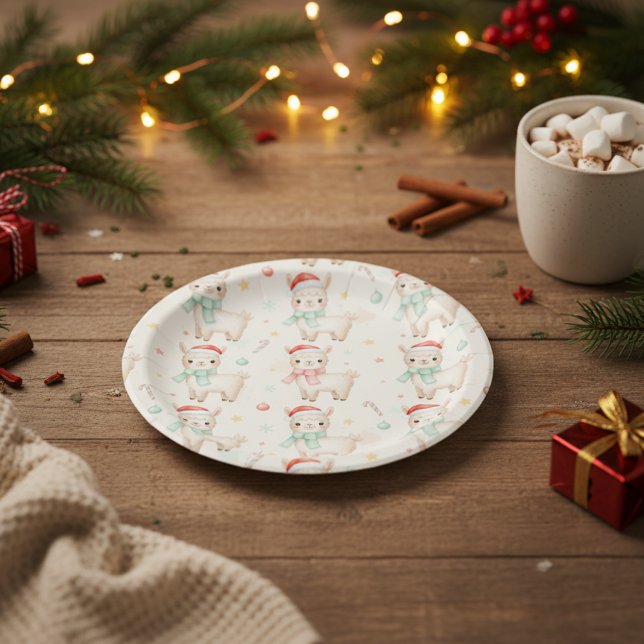 Plato De Papel Cute Christmas Llama Paper Plates  (Cute Christmas Llama Paper Plates - Festive Holiday Party Plates)